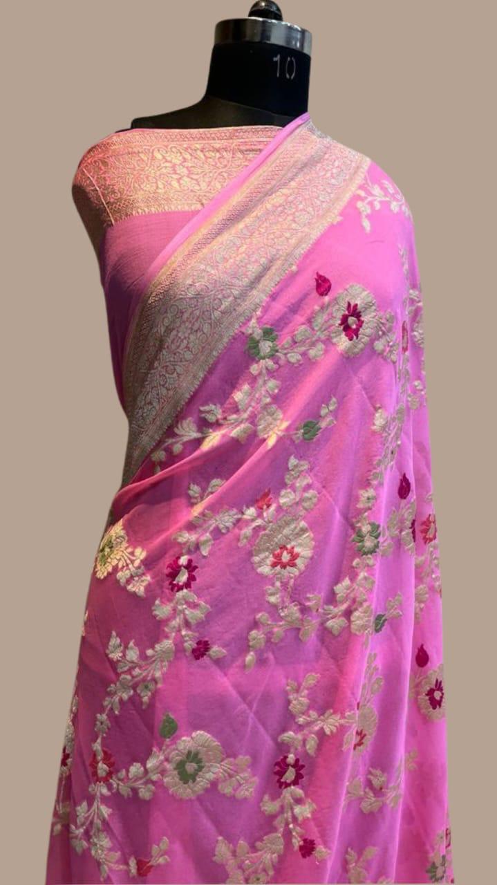 Banarasi Handloom Khaddi Georgette Silk Saree With Real Water Zari Weaving Work