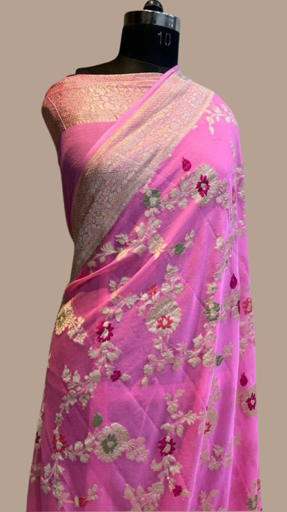 Banarasi Handloom Khaddi Georgette Silk Saree With Real Water Zari Weaving Work
