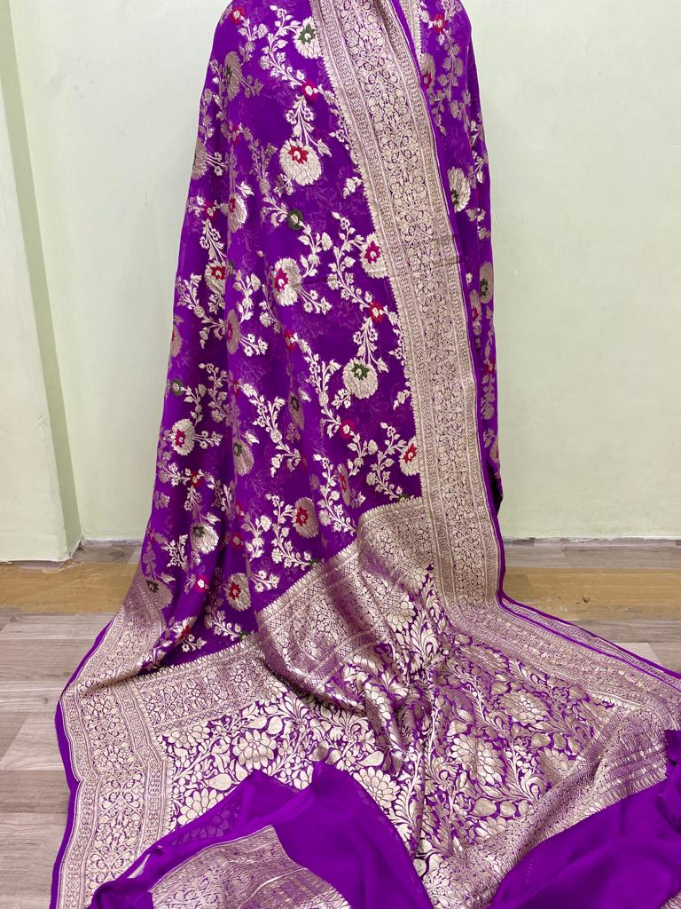 Banarasi Handloom Khaddi Georgette Silk Saree With Real Water Zari Weaving Work