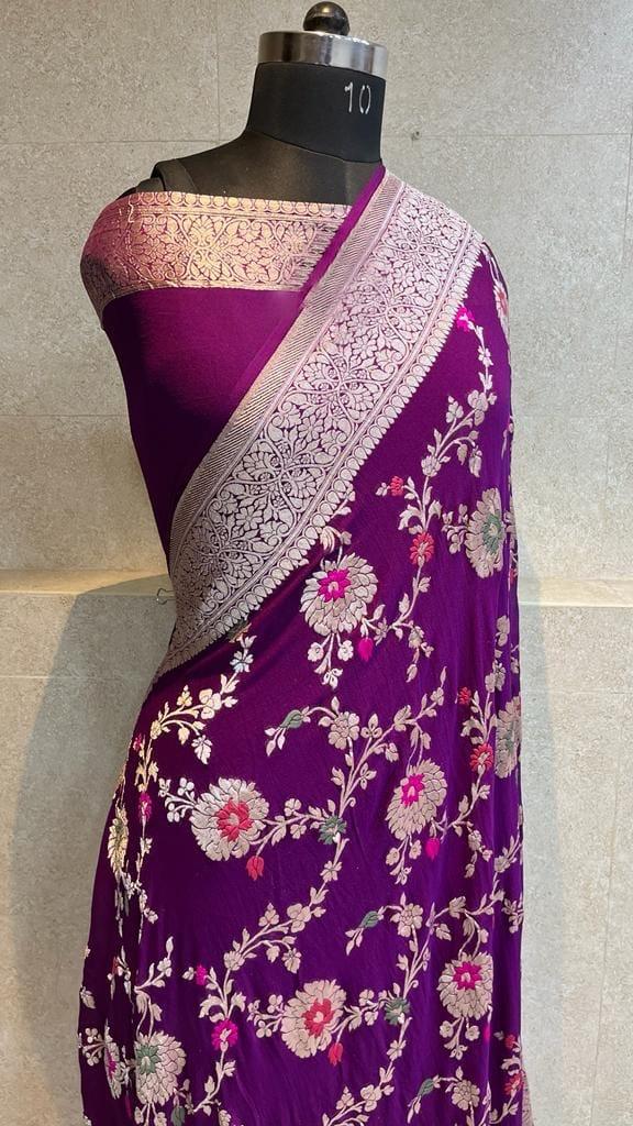 Banarasi Handloom Khaddi Georgette Silk Saree With Real Water Zari Weaving Work