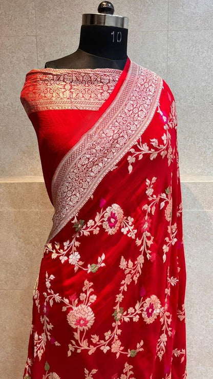 Banarasi Handloom Khaddi Georgette Silk Saree With Real Water Zari Weaving Work