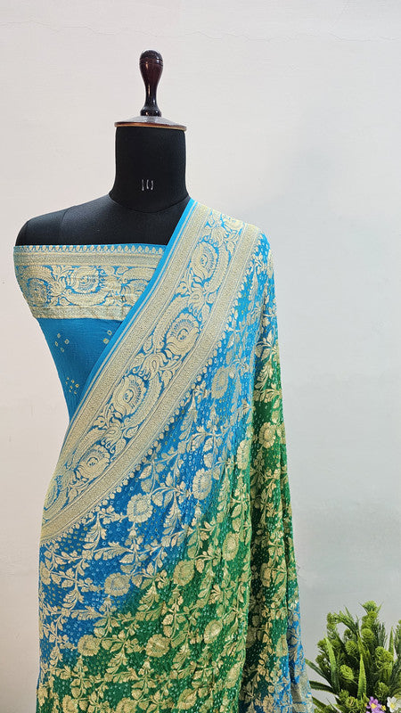 Banarasi Pure Handloom Khaddi Georgette Double Shade Bandhani Silk Saree
