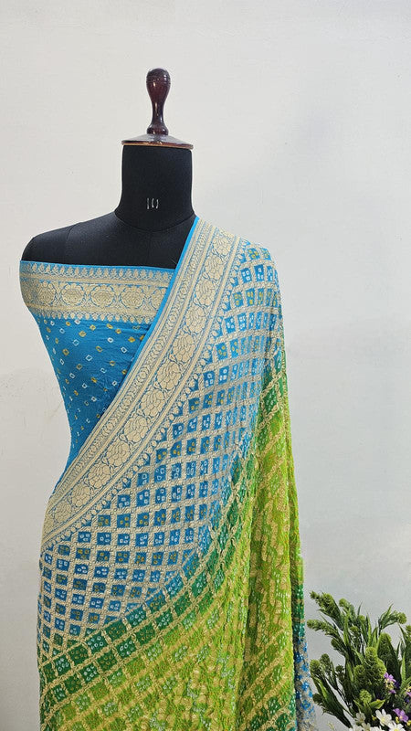 Banarasi Pure Handloom Khaddi Georgette Double Shade Bandhani Silk Saree