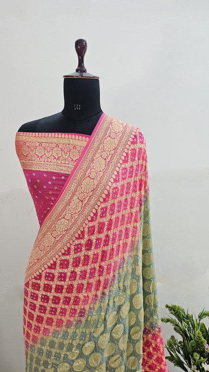 Banarasi Pure Handloom Khaddi Georgette Double Shade Bandhani Silk Saree