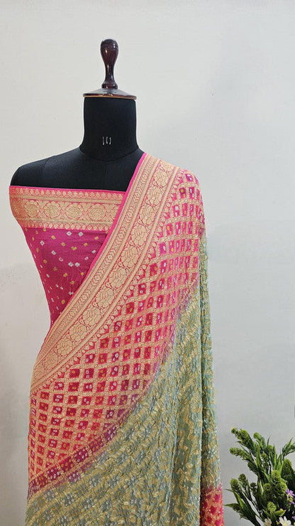 Banarasi Pure Handloom Khaddi Georgette Double Shade Bandhani Silk Saree