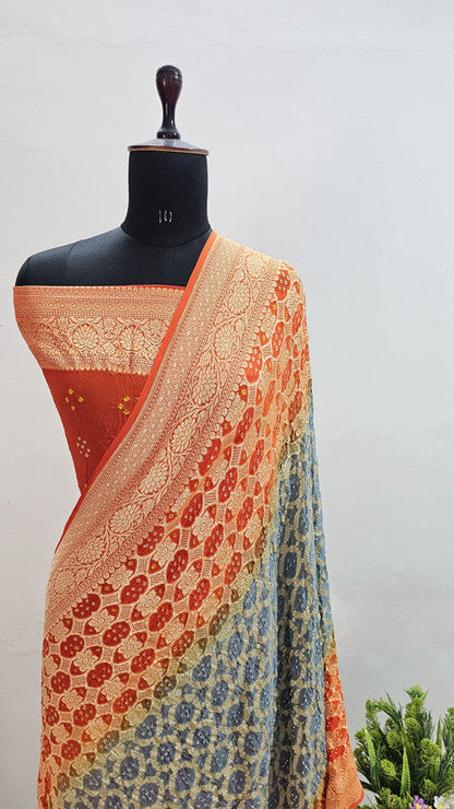 Banarasi Pure Handloom Khaddi Georgette Double Shade Bandhani Silk Saree