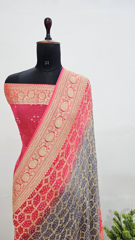 Banarasi Pure Handloom Khaddi Georgette Double Shade Bandhani Silk Saree