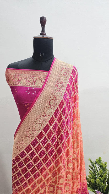 Banarasi Pure Handloom Khaddi Georgette Double Shade Bandhani Silk Saree