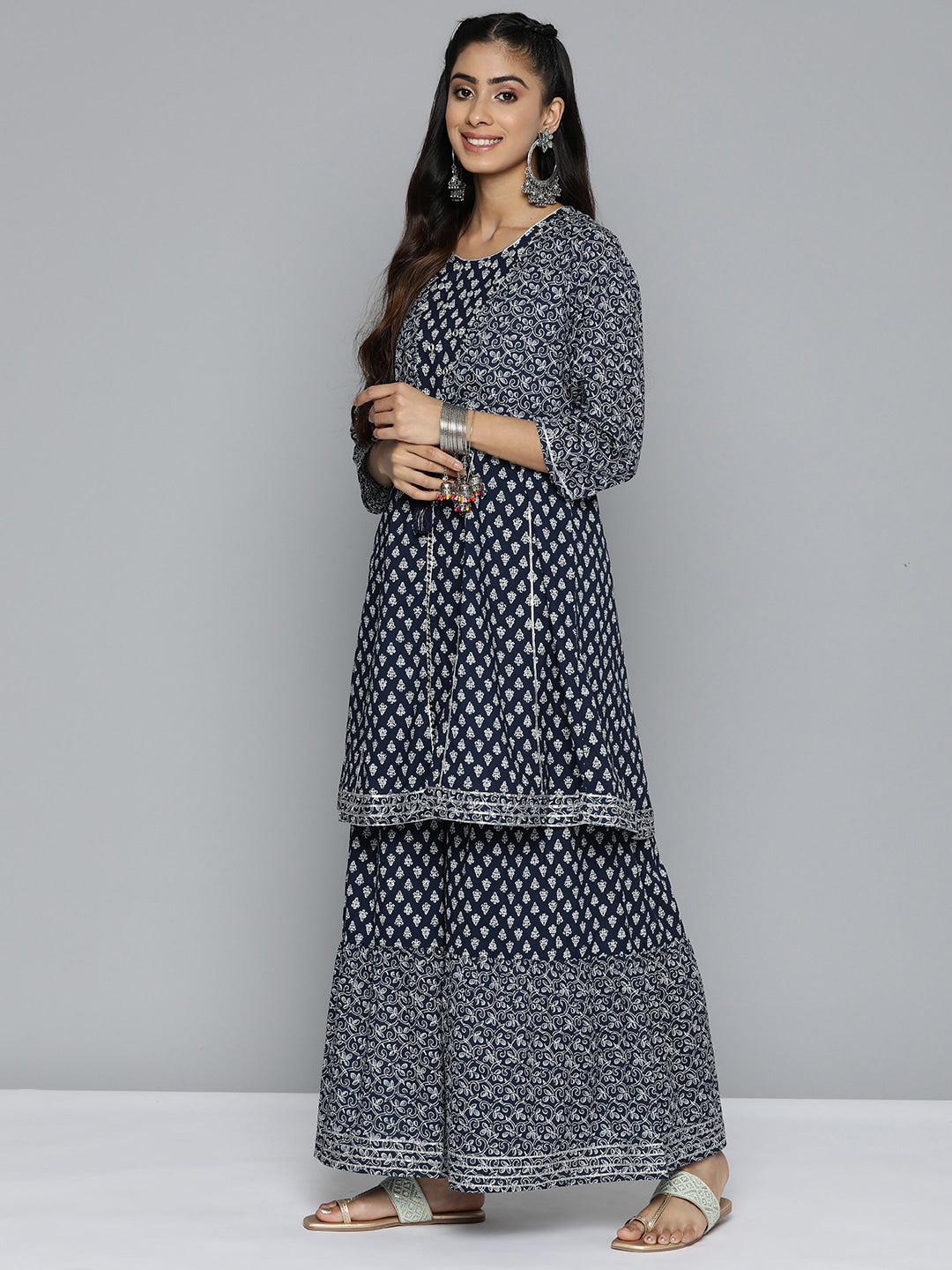 HERE&NOW Ethnic Motifs Printed Layered Gotta Patti Pure Cotton Kurta with Sharara