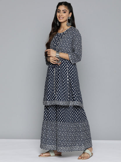 HERE&NOW Ethnic Motifs Printed Layered Gotta Patti Pure Cotton Kurta with Sharara