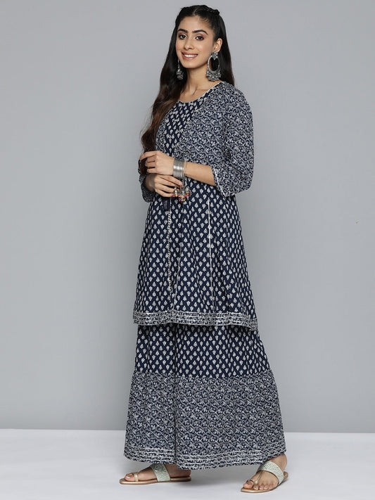 HERE&NOW Ethnic Motifs Printed Layered Gotta Patti Pure Cotton Kurta with Sharara