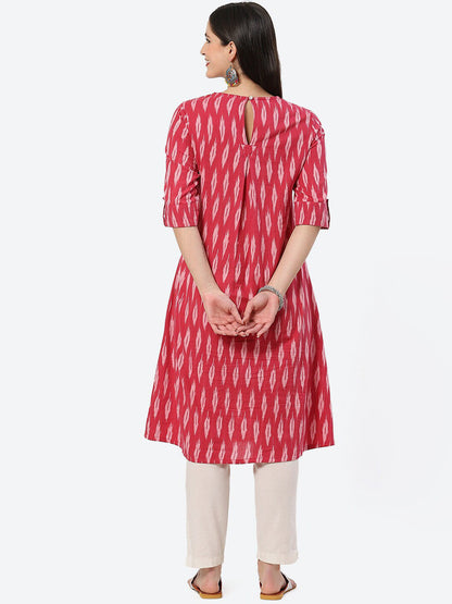 Biba Woven Design Ikat Roll Up Sleeves A-Line Pure Cotton Kurta