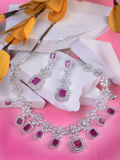 Saraf RS Jewellery Rhodium-Plated Pink AD studded Jewellery Set