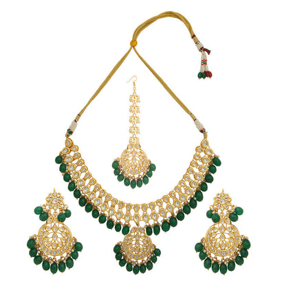 Beautiful Dark Green and Golden Kundan Necklace with Earrings and Maang Tikka