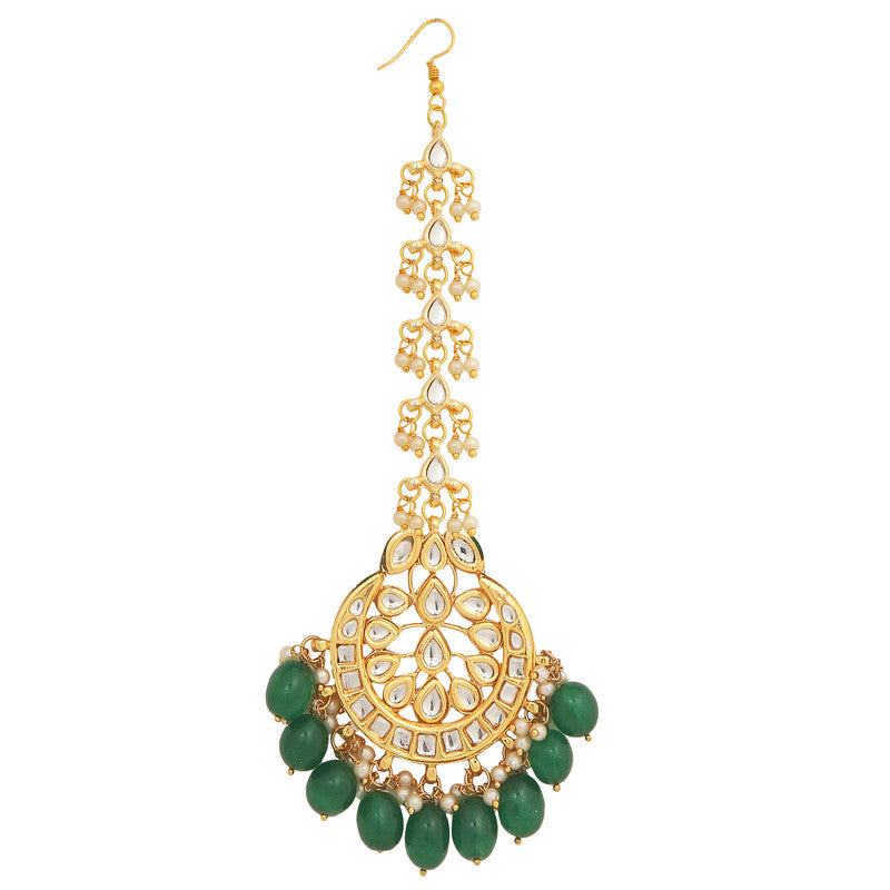 Beautiful Dark Green and Golden Kundan Necklace with Earrings and Maang Tikka