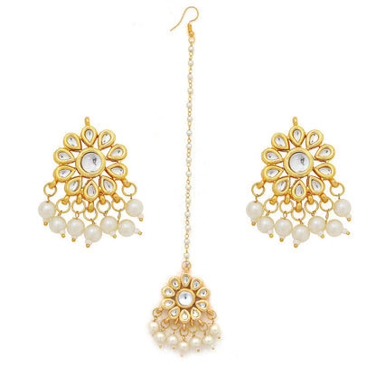 Beautiful Golden and White Kundan Floral Earrings With Maang Tikka Set