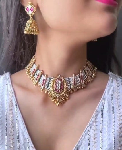 Beautiful Kundan Golden Moti Layered Necklace Set