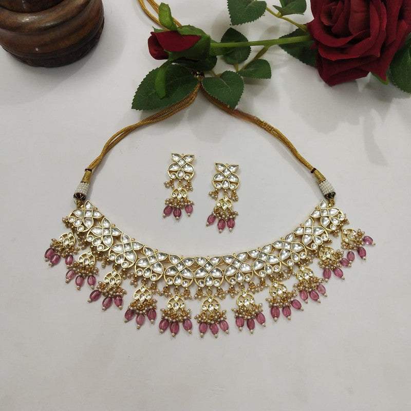 Beautiful Kundan Meena Pink Necklace Set
