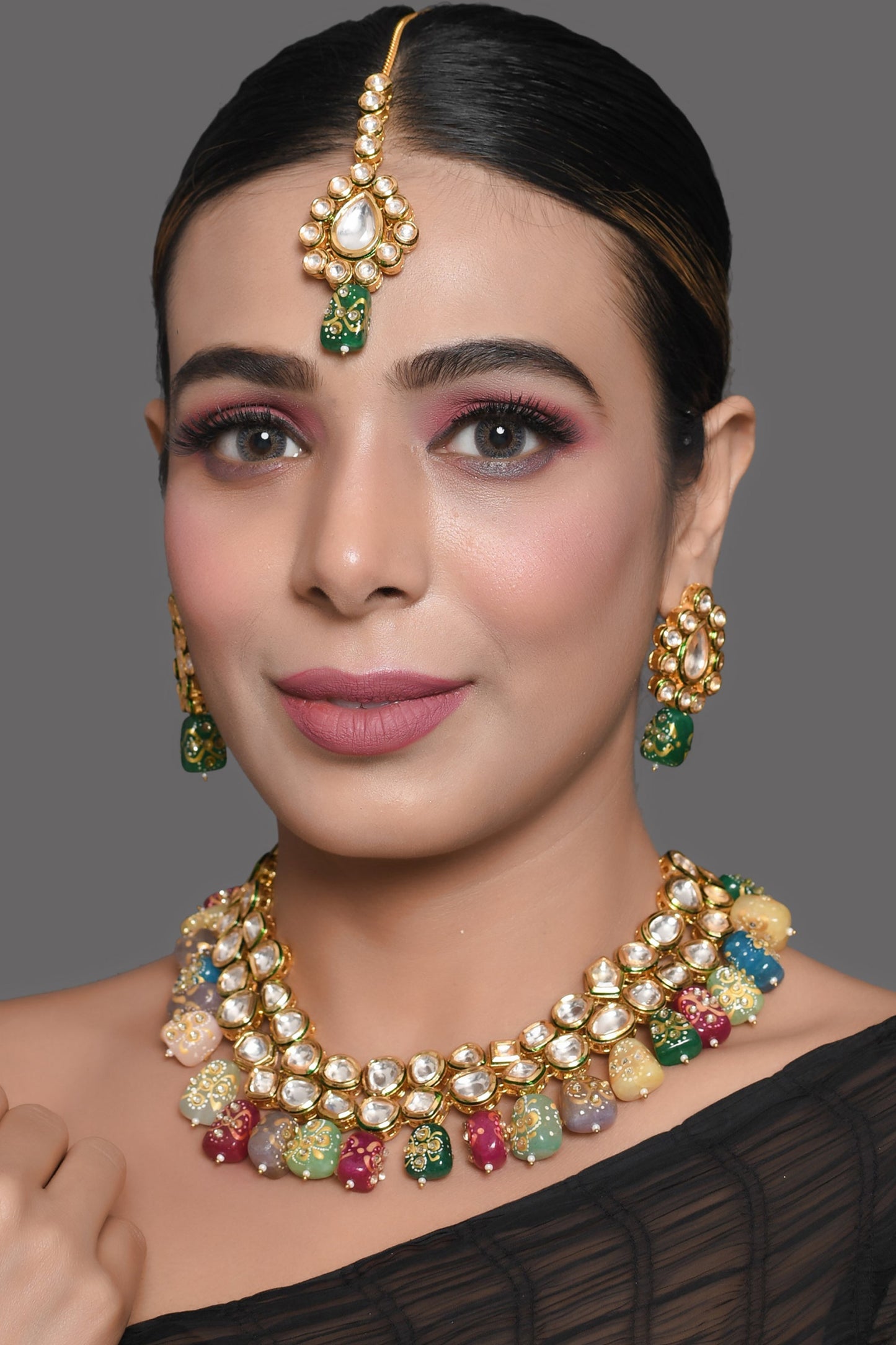 Beautiful Multi Colored Stone Kundan Necklace Set