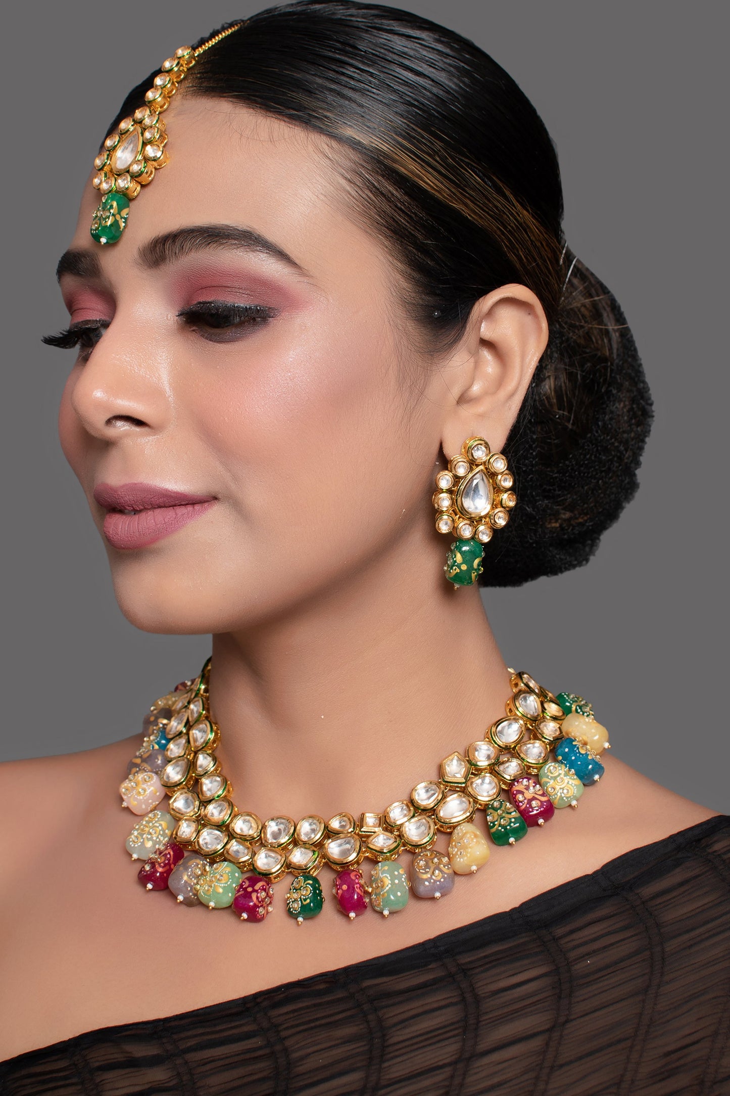 Beautiful Multi Colored Stone Kundan Necklace Set