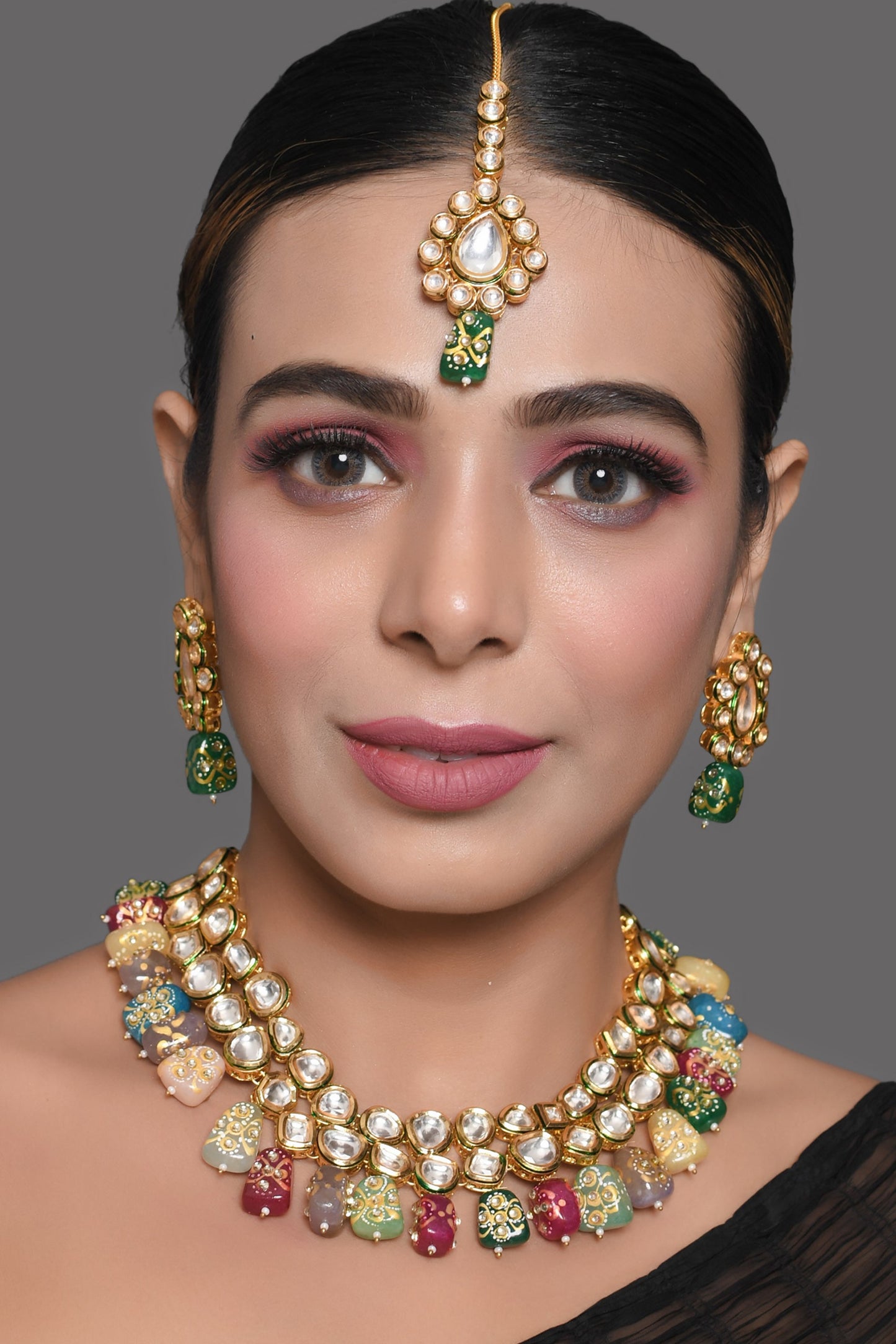 Beautiful Multi Colored Stone Kundan Necklace Set