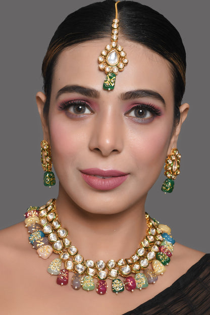 Beautiful Multi Colored Stone Kundan Necklace Set