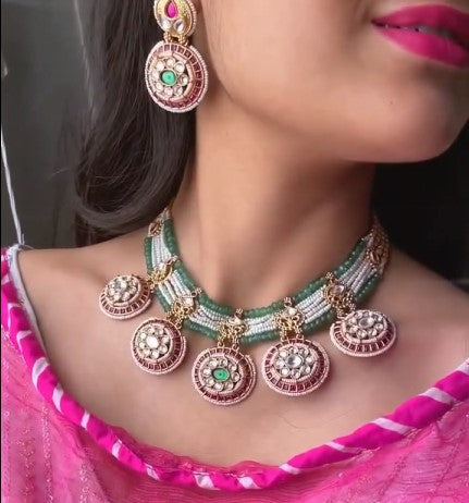 Beautiful Multi Colour Antique Necklace Set with Earrings