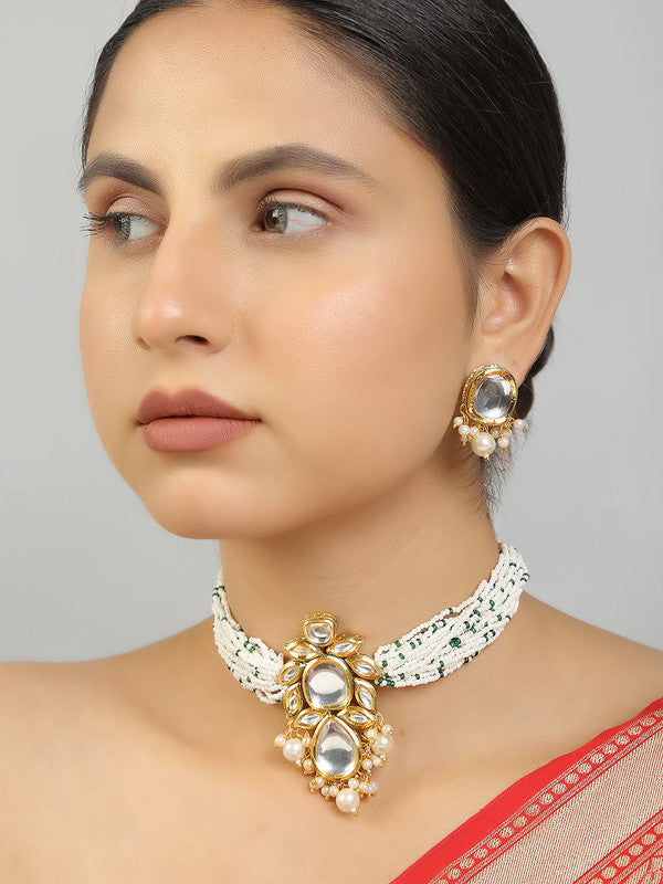 Beautiful Pearl Beaded Kundan Choker Necklace With Earrings