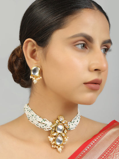Beautiful Pearl Beaded Kundan Choker Necklace With Earrings