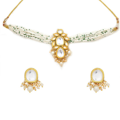 Beautiful Pearl Beaded Kundan Choker Necklace With Earrings