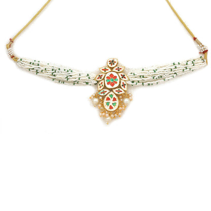 Beautiful Pearl Beaded Kundan Choker Necklace With Earrings