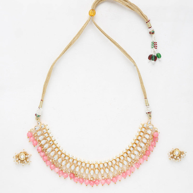 Beautiful Pink And Golden Precious Stone Kundan Choker With Studs Set
