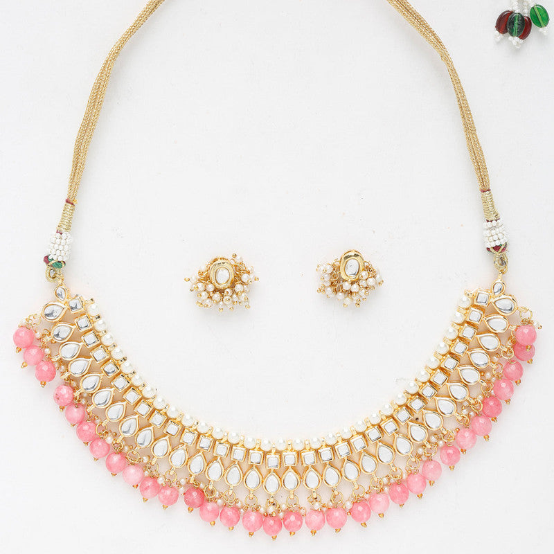Beautiful Pink And Golden Precious Stone Kundan Choker With Studs Set