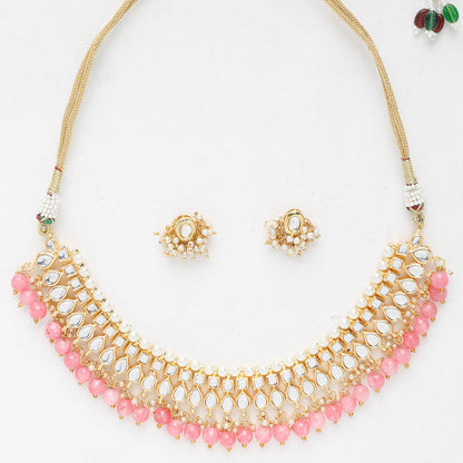 Beautiful Pink And Golden Precious Stone Kundan Choker With Studs Set