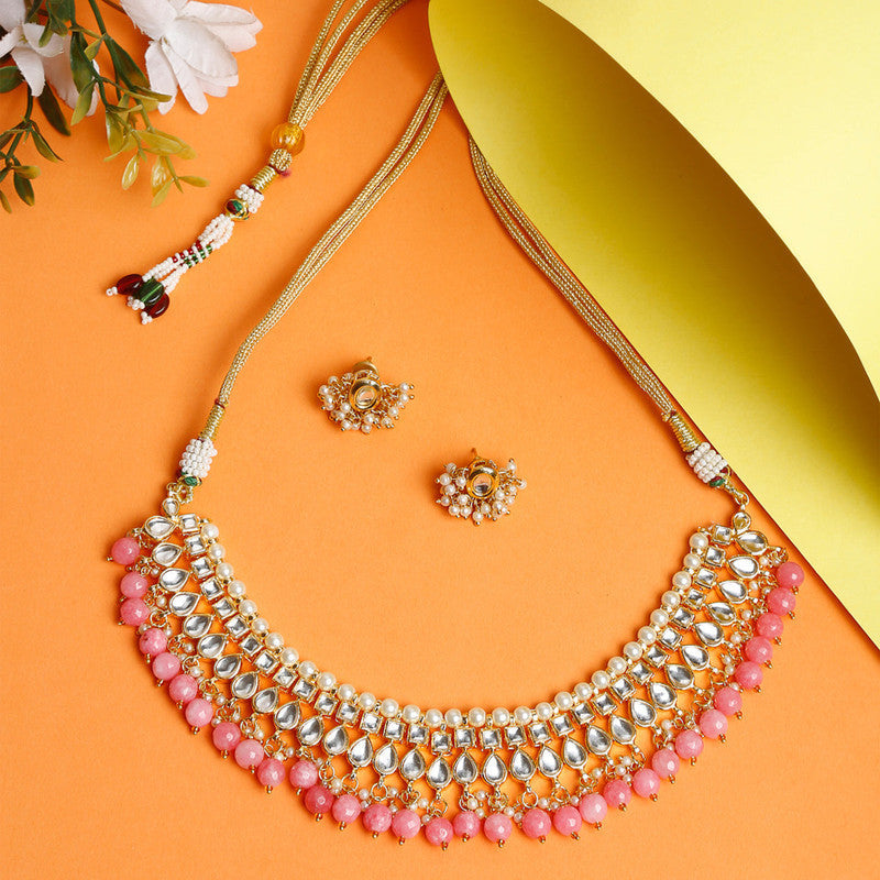 Beautiful Pink And Golden Precious Stone Kundan Choker With Studs Set