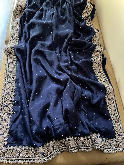 Beautiful Zardozi and Zarkan Work Crepe Satin Saree