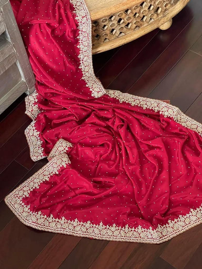 Beautiful Zardozi and Zarkan Work Crepe Satin Saree