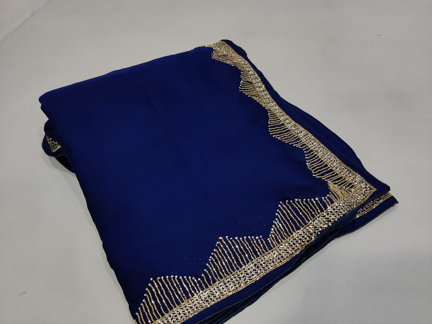 Beautiful Zardozi and Zarkan Work Crepe Satin Saree