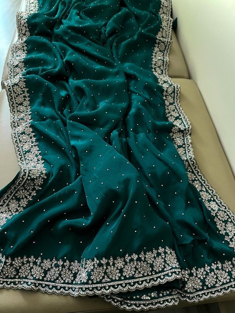 Beautiful Zardozi and Zarkan Work Crepe Satin Saree