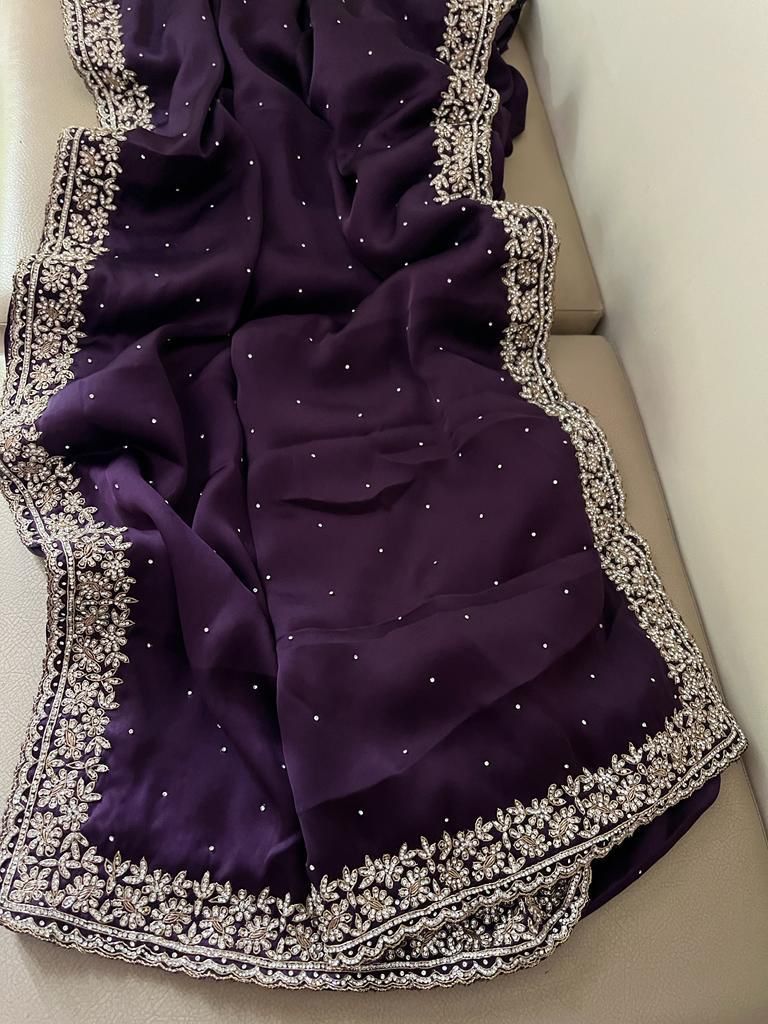 Beautiful Zardozi and Zarkan Work Crepe Satin Saree