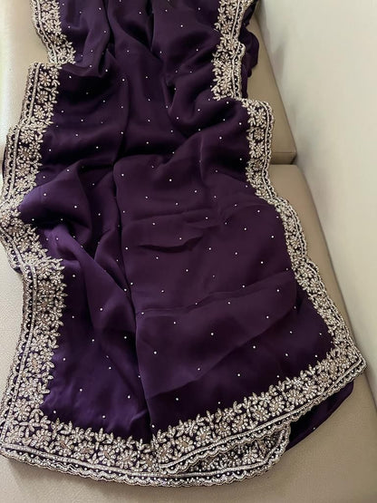 Beautiful Zardozi and Zarkan Work Crepe Satin Saree