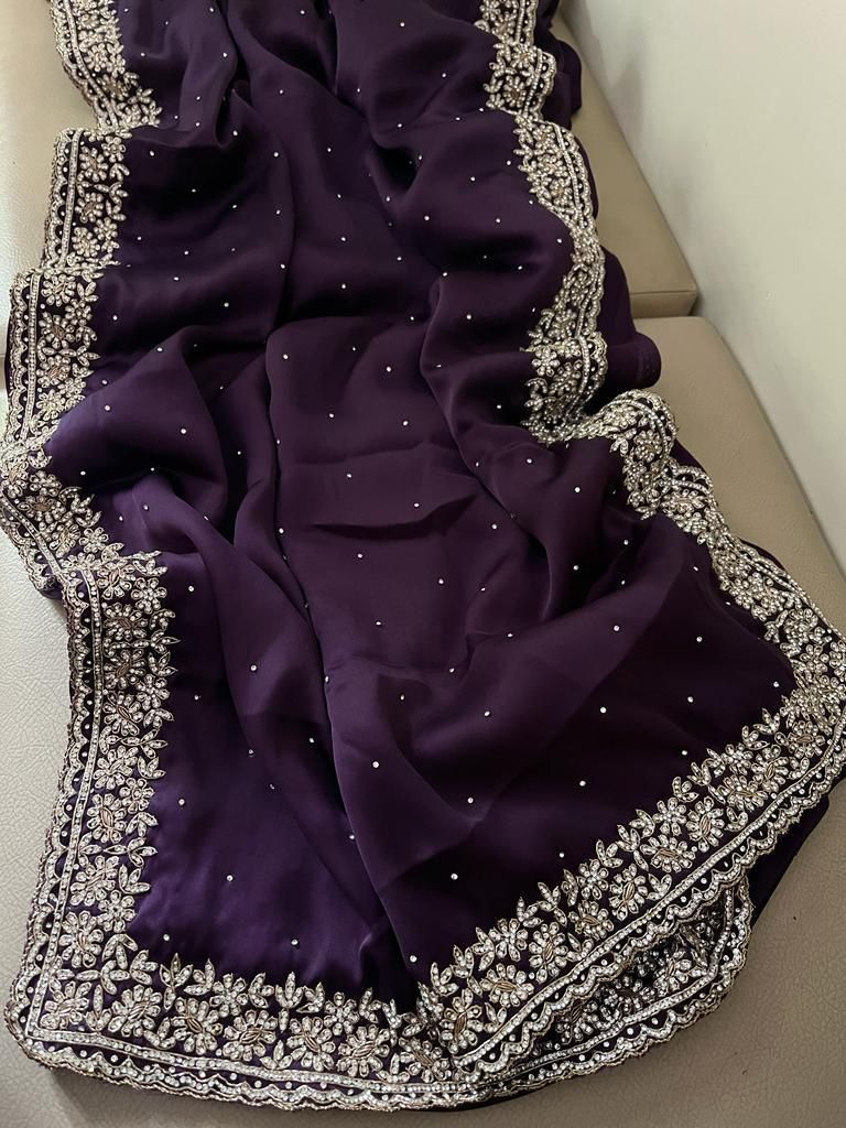 Beautiful Zardozi and Zarkan Work Crepe Satin Saree