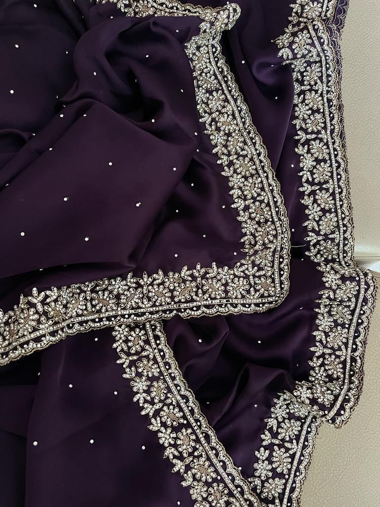 Beautiful Zardozi and Zarkan Work Crepe Satin Saree