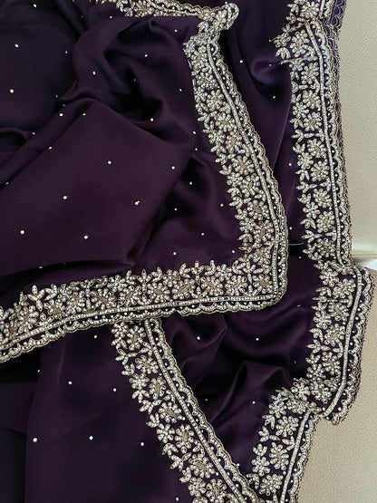 Beautiful Zardozi and Zarkan Work Crepe Satin Saree