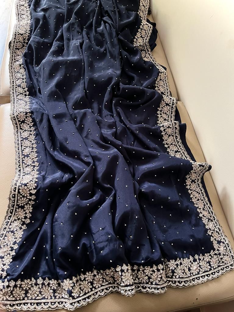 Beautiful Zardozi and Zarkan Work Crepe Satin Saree