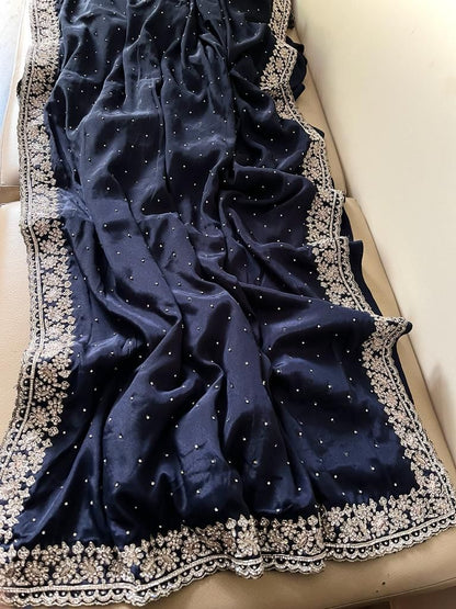 Beautiful Zardozi and Zarkan Work Crepe Satin Saree