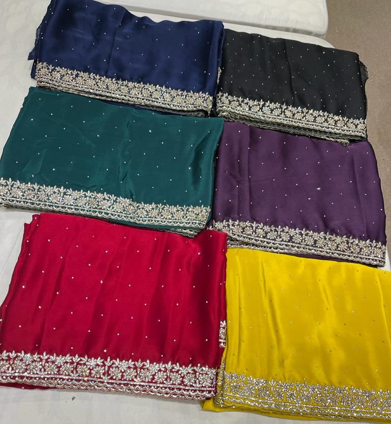 Beautiful Zardozi and Zarkan Work Crepe Satin Saree