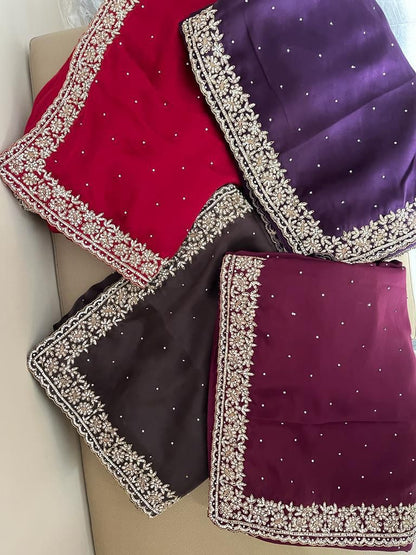 Beautiful Zardozi and Zarkan Work Crepe Satin Saree