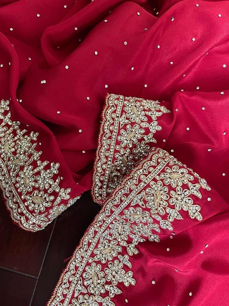 Beautiful Zardozi and Zarkan Work Crepe Satin Saree