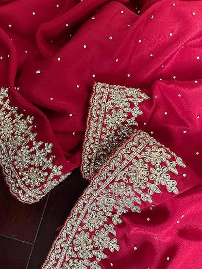 Beautiful Zardozi and Zarkan Work Crepe Satin Saree